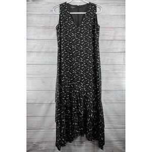 LAFAYETTE 148 NY Asymmetric Silk Long‎ Maxi Dress Sleeveless Birds Pattern Sz S